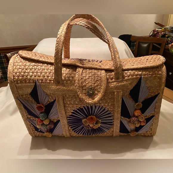 Vintage Mexico Hand Woven Straw Raffia Wicker Beach Tote Market Bag Purse Summer - Picture 3 of 6